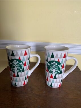 Starbucks Ceramic Mugs with Red, Green & Gray Triangle Pattern (Pair)
